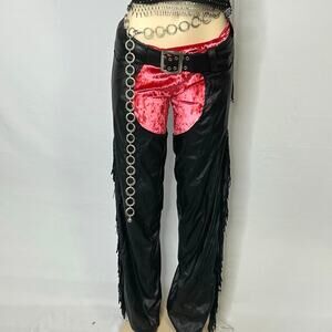 Fever City Faux Leather Fringe Pants Red Velvet Cutout Goth Rave Y2K S